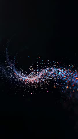 Swirling Neon Particle Ribbon Traveling Through Dark Void Vertical Abstract Motion Loop
