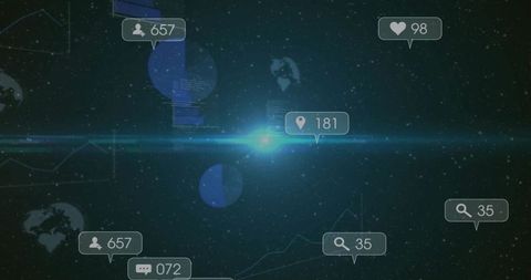 Futuristic Data Dashboard Over Starfield With Blue Lens Flare and Social UI Widgets