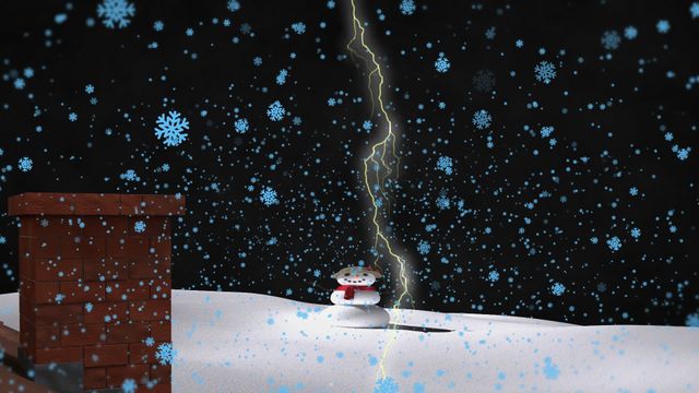 Enchanting winter scene features a snowman surrounded by gentle snowfall and a striking bolt of lightning against a dark night sky. Perfect for Christmas cards, festive event promotions, winter-themed projects, or seasonal blog posts.