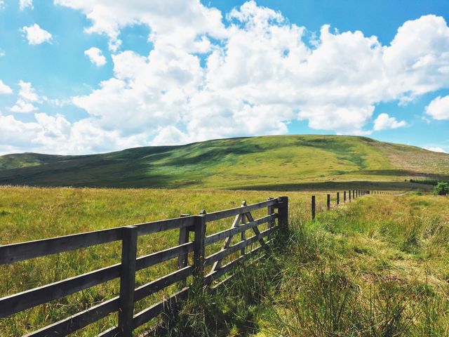 Scenic View of Rolling Green Hills Under Blue Sky with Wooden Fence - Download Free Stock Photos Pikwizard.com