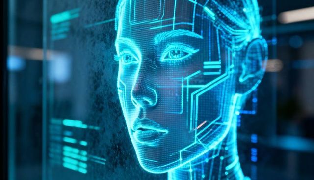 Cyan holographic avatar wireframe displaying cybernetic facial interface and digital ui