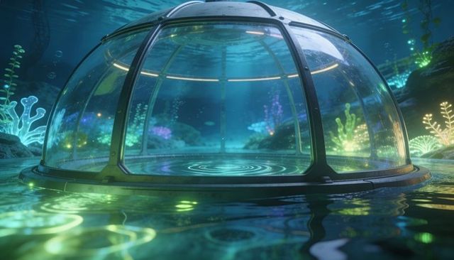 Glowing underwater glass research dome illuminating bioluminescent seafloor habitat