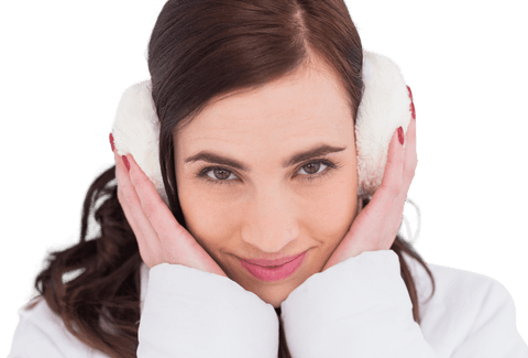 Peaceful woman with white ear muffs on transparent background