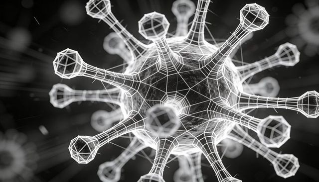 Rotating wireframe viral particle with spike protrusions in monochrome 3d render