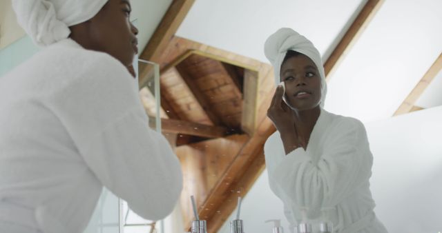 Woman in Bathrobe Enjoying Morning Skincare Routine in Bathroom - Download Free Stock Images Pikwizard.com