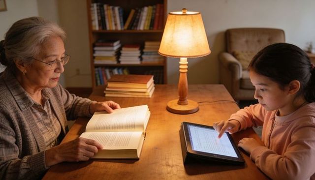 Grandmother and granddaughter reading at lamp-lit table using tablet and book, cozy learning moment