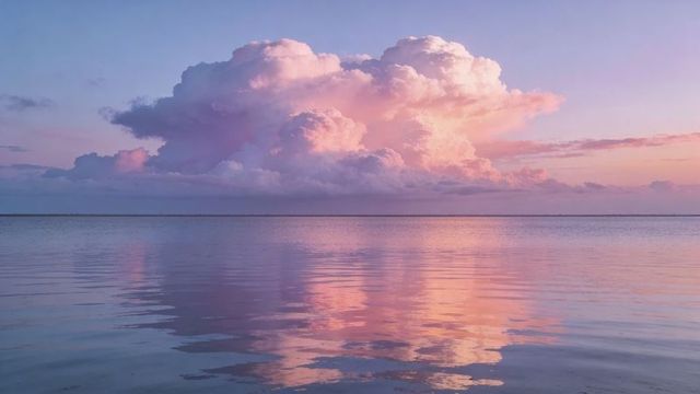 Pastel sunrise cumulus cloud reflecting over calm coastal water for serene background