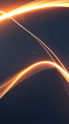 Vertical neon arcs sweeping across navy gradient forming glowing orange ribbon trails