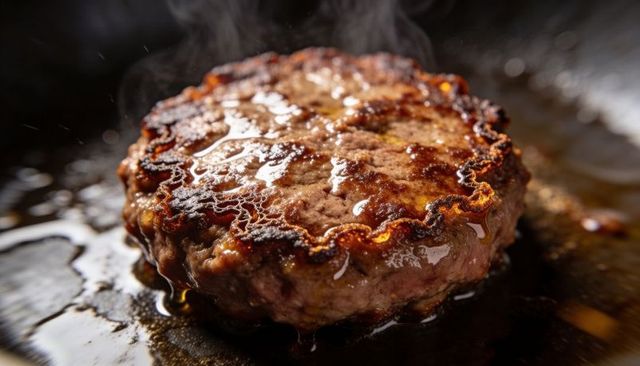 Searing thick beef patty with golden maillard crust and glossy juices on cast-iron