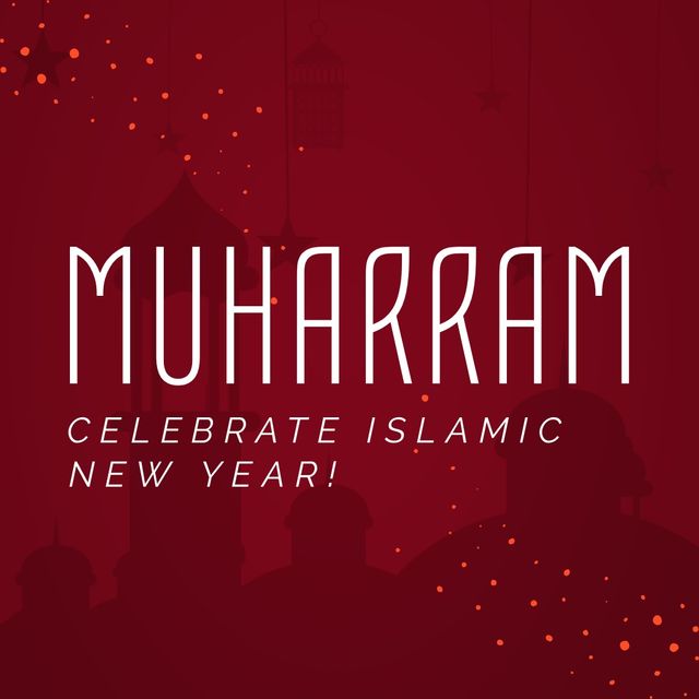 Illustration of muharram islamic new year text with silhouette of buildings on maroon background. Vector, islamic festival, celebration, tradition, holiday, new year, hijri new year.