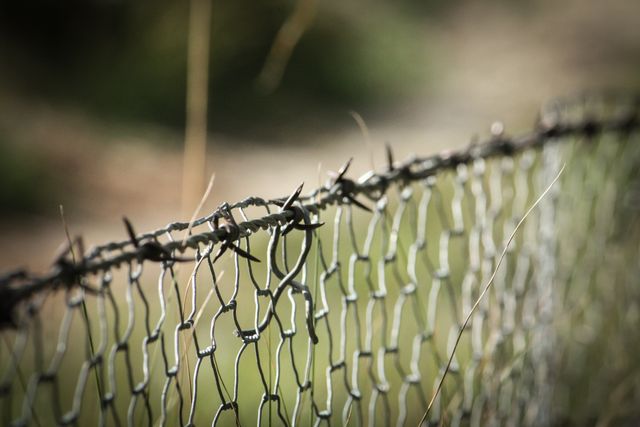 Close-up image of a rusty barbed wire fence with a blurred background of a field. Suitable for illustrating themes of security, boundaries, rural areas, or decay. Perfect for use in articles, blogs, or websites discussing protection, rural lifestyle, or environmental conditions.