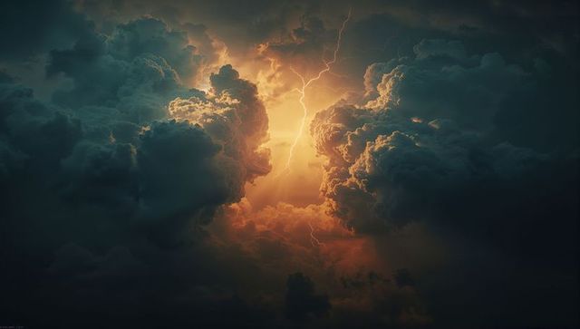 Dramatic lightning forking through illuminated storm clouds