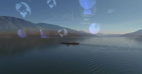 Crew piloting marine barge across tranquil fjord with digital navigation overlays