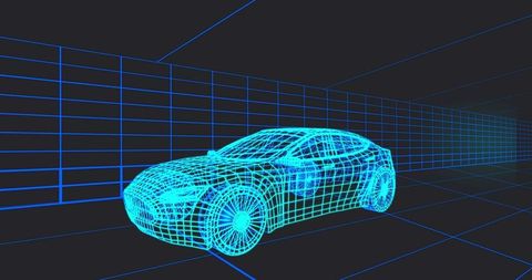 Glowing 3D Wireframe Sedan Inside Virtual Tunnel
