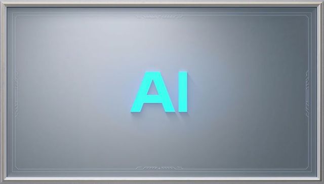 Sleek cyan 3d ai letters on matte gray panel with metal beveled frame and futuristic glow