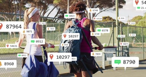 Women Engaged in Tennis Amidst Floating Digital Notifications