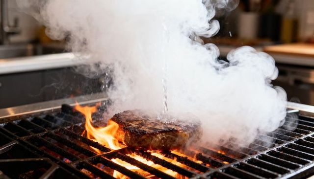 Searing steak releasing white steam on flaming commercial grill while water pouring, sizzling