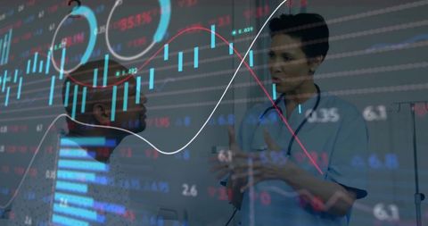 Medical Professionals Analyzing Financial Graph with Technology Overlay