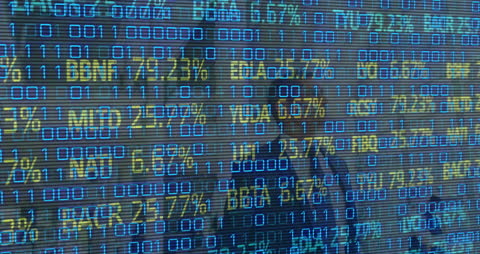 Dynamic Financial Data with Businesspeople and Binary Code Overlay