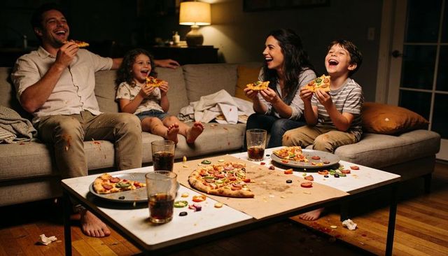 Laughing family sharing pizza on couch during cozy movie night and casual evening together