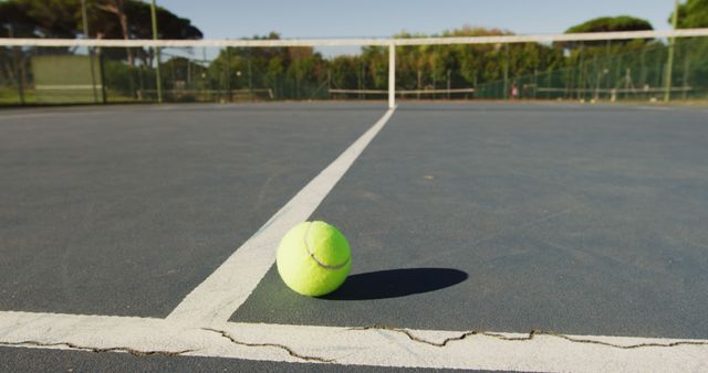 A single tennis ball rests on the middle white line of an outdoor court, casting a shadow on the sunlit surface. The image showcases the details of the rough court surface and background greenery. Ideal for themes related to sports, recreation, fitness, competition, and leisure activities.