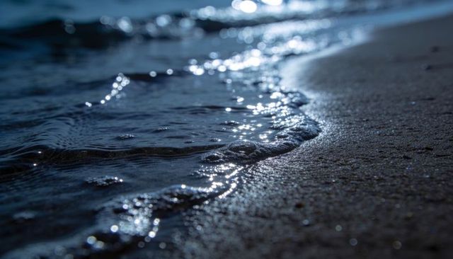 Moonlit wave lapping over wet sand with sparkling reflections and minimalist coastal calm