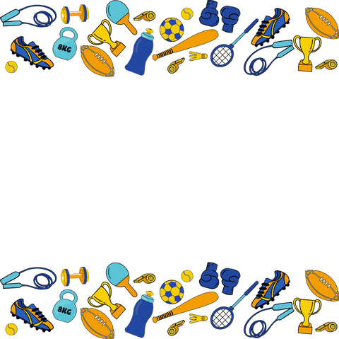 Transparent sports equipment frame with vibrant cartoon icons