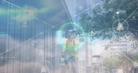 Digital Connectivity Overlay on Cyclist and Urban Landscape