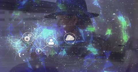 Asian woman wearing wide-brim hat facing holographic cyber network and data visualization