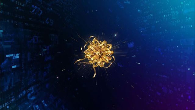 Golden ribbon ornament in digital stream with sparkling effects