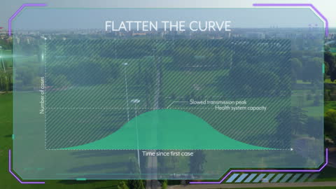 Pandemic Data Animation Over Cityscape Highlighting Curve Flattening