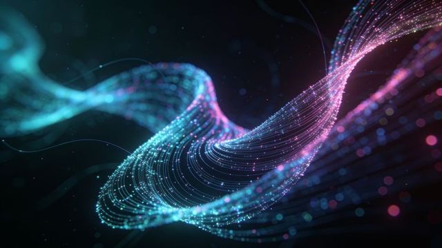 Twisting neon particle ribbon flowing through digital space with glowing filaments bokeh