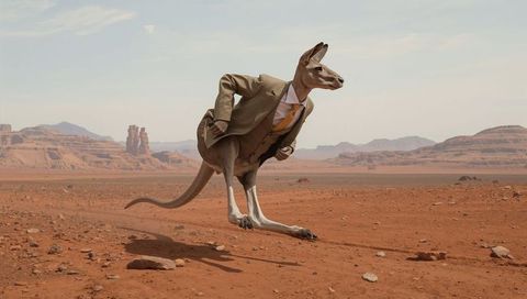 Kangaroo in tan three-piece suit hopping across red desert plain with dust and buttes