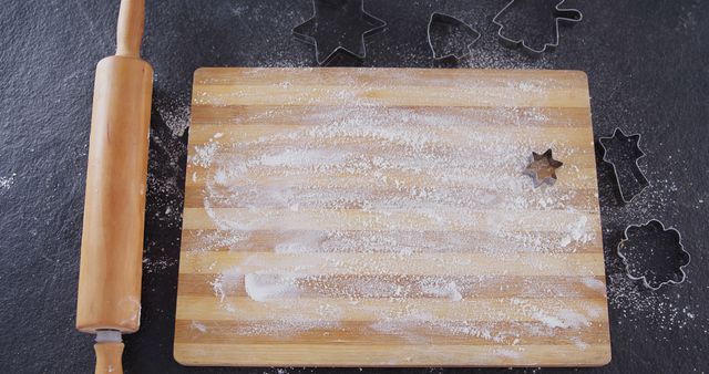 Floured Wooden Cutting Board with Rolling Pin and Cookie Cutters - Download Free Stock Images Pikwizard.com