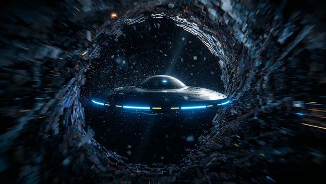 Futuristic ufo hovering in space vortex with glowing lights