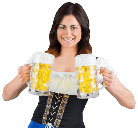 Smiling woman in bavarian costume holding beer steins transparent background