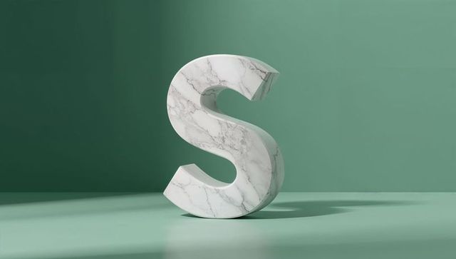 3d marble letter s on matte green surface, modern elegance