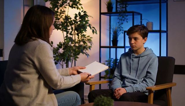 Teen boy receiving counseling session with therapist holding notepad in warm office
