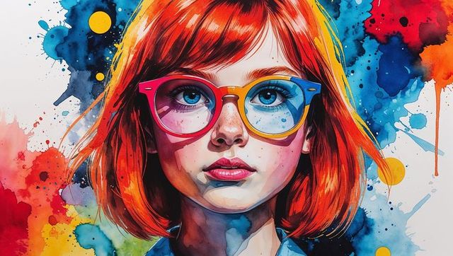 Contemporary Art Portrait of Teen Girl with Vibrant Red Hair and Colorful Glasses