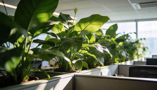 Sunlit greenery lining cubicle planters for biophilic office wellness and focus