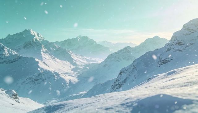 Turquoise dawn over snowbound alps, drifting snow on pristine glacier ridge panorama vista