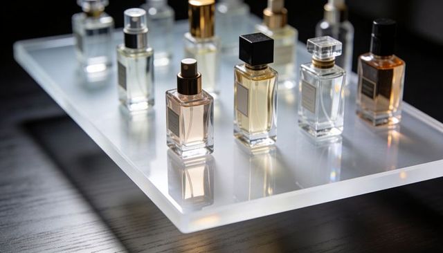 Luxury rectangular glass perfume bottles on frosted acrylic display with reflections and bokeh