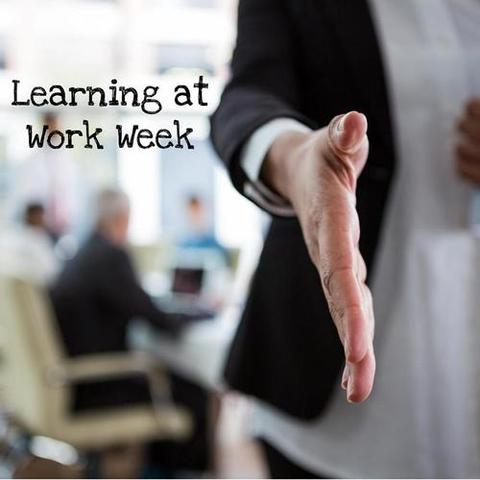 Composite of learning at work week text and midsection of caucasian businessman giving handshake