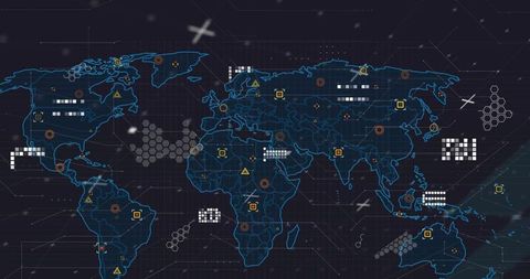 Futuristic Blue World Map Displaying Global Data Visualization & Analysis