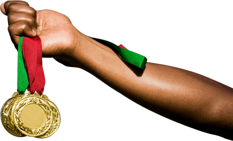 Transparent Arm Holding Gold Medals of African American Sportsman