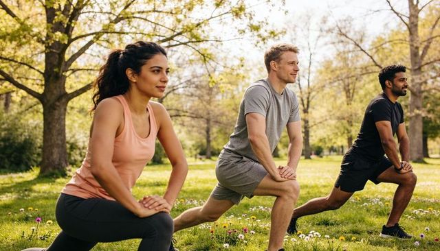 Sunlit park group performing lunges outdoor fitness training and stretching routine