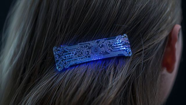 Futuristic circuit-board hair clip glowing on brown hair close-up blue neon glow