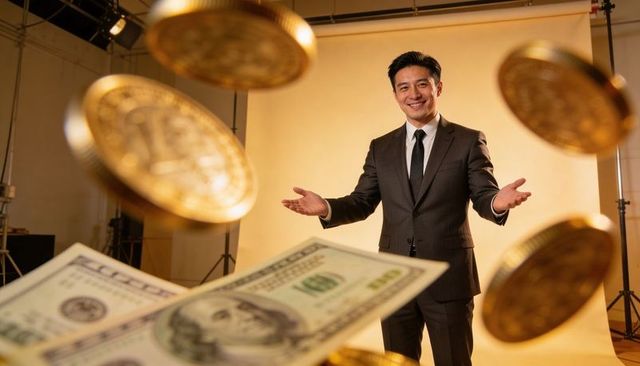 Smiling asian executive wearing dark suit and tie posing with flying gold coins and 100-dollar bills