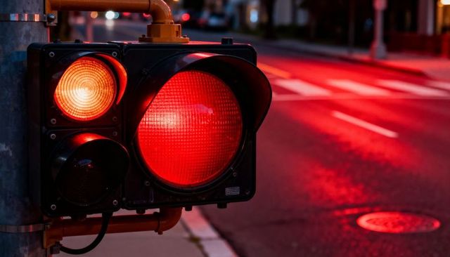 Glowing red traffic light casting neon reflections on wet urban street at night