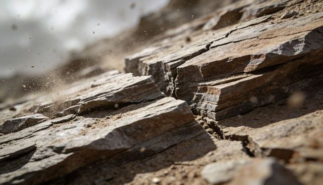Fractured sedimentary rock revealing layered strata, fissure and windblown dust